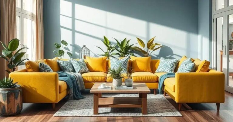 decoração de sala com sofá cinza